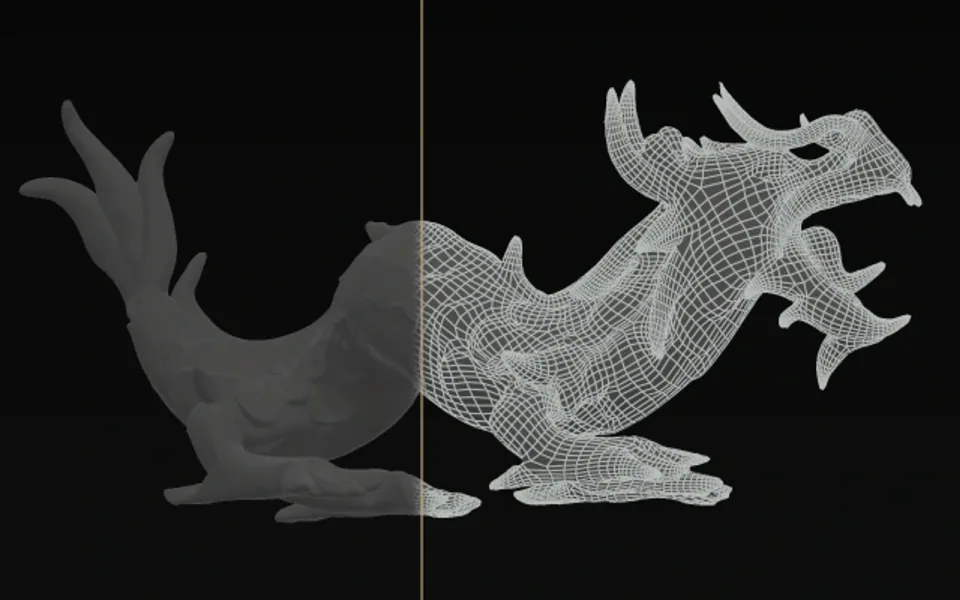 Dragon surface split between shaded geometry and quad wireframe