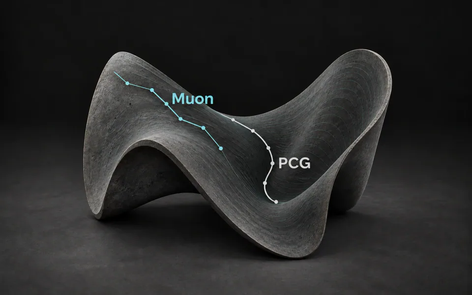 Graphite saddle sculpture with highlighted cyan Muon and silver PCG update paths and iteration markers