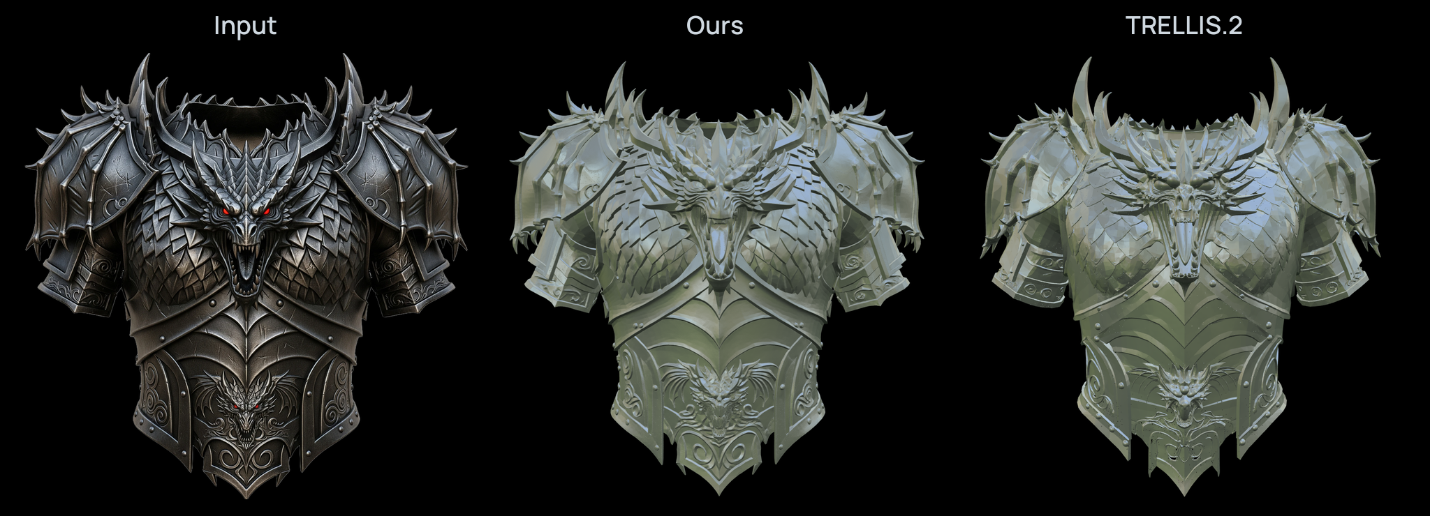 Dragon-themed armor: the input image, geometry from a billion-scale image-to-3D model being trained from scratch, and geometry from TRELLIS.2, in that order